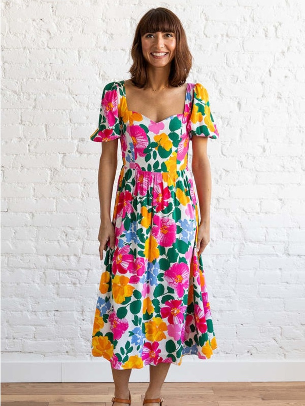 Sugarlips Floral Sweetheart Midi Dress - Pink, Yellow & Green